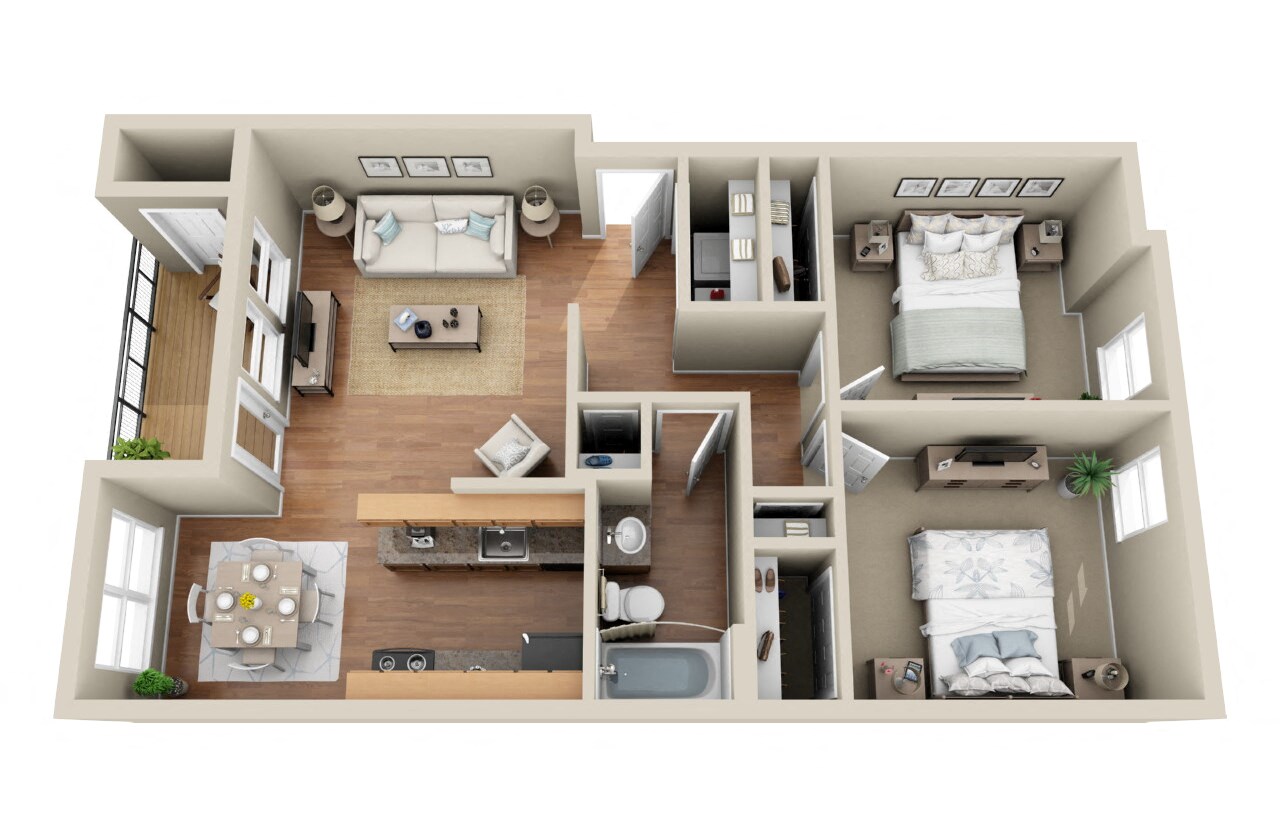 Floor plan for 2 beds, 1 bath, 892 sqft